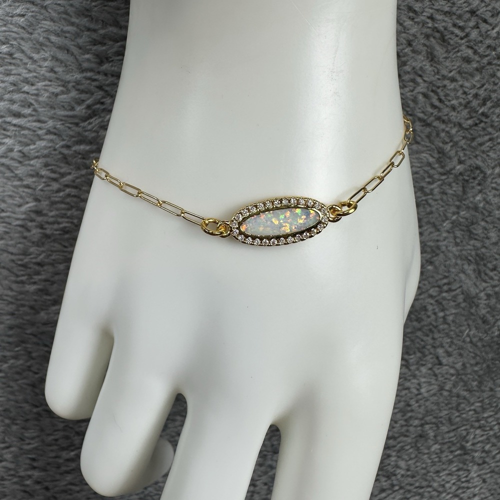 VTG Artisan Link Bracelet 7.25 Inch Lab Opal Cubic Zirconia Gold Plated 2.5g
